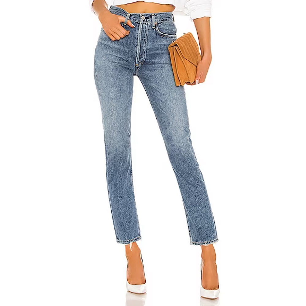 AGOLDE REVOLVE Riley High Rise Straight Crop Denim Blue Jeans in Frequency 24